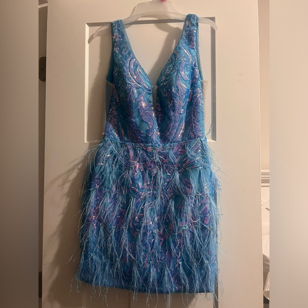 blue and purple sequin homecoming dress with feathers!!